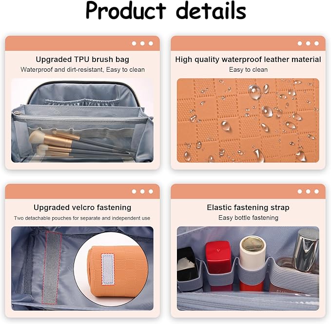 Travel Makeup Bag Organizer Cosmetic Bag: 3 Pcs Set Make up Bags for Women with Handle - Waterproof Vegan Leather Toiletry Bags with Comparments (C-08-Orange)