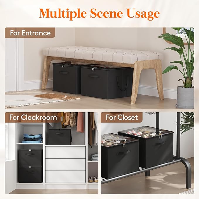 Lifewit Shoe Storage Organizer for Closet, Fits 12-16 Pairs, Large Shoe Box Storage Containers with Clear Cover and Reinforced Handles, Foldable Storage Bins Fit for Boots Heels Sneakers, 3 Pack Black