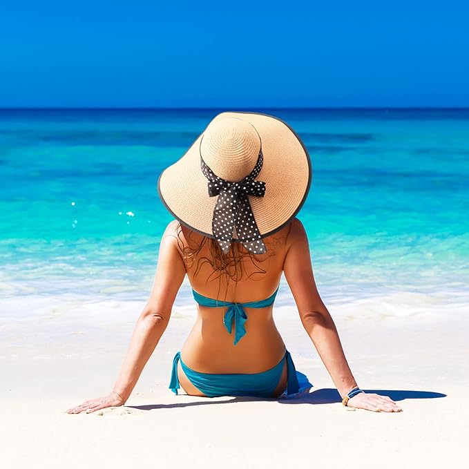 DRESHOW Beach Hats for Women Big Straw Wide Brim Summer Hat Floppy Foldable Roll up Cap Sun Hat UPF 50+