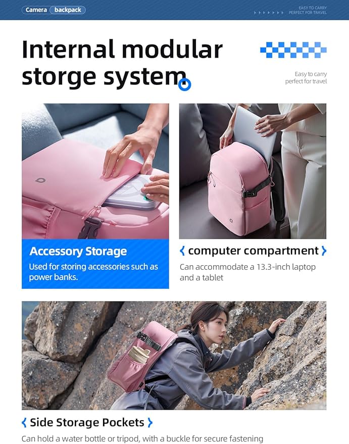 llano Compact Camera Backpack for DSLR/SLR/Mirrorless,Photography Bag with Laptop Slot (for 14" MacBook) & Tripod Holder, Ideal for Travel & Outdoor (for Canon, Nikon, Sony), Small, Pink,10L Capacity