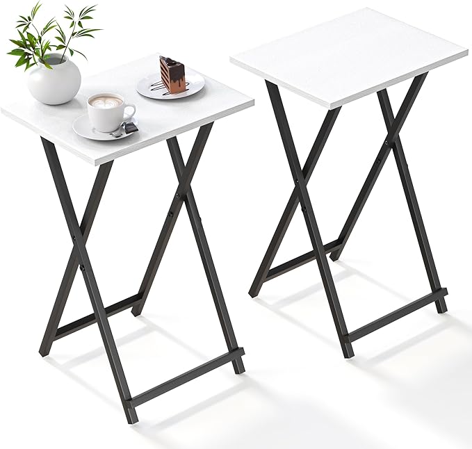 Foldable TV Trays, Small Folding Table, TV Trays Set of 2, TV Dinner Tray, Side Table for Bed, Couch, Portable Easy to Move, White