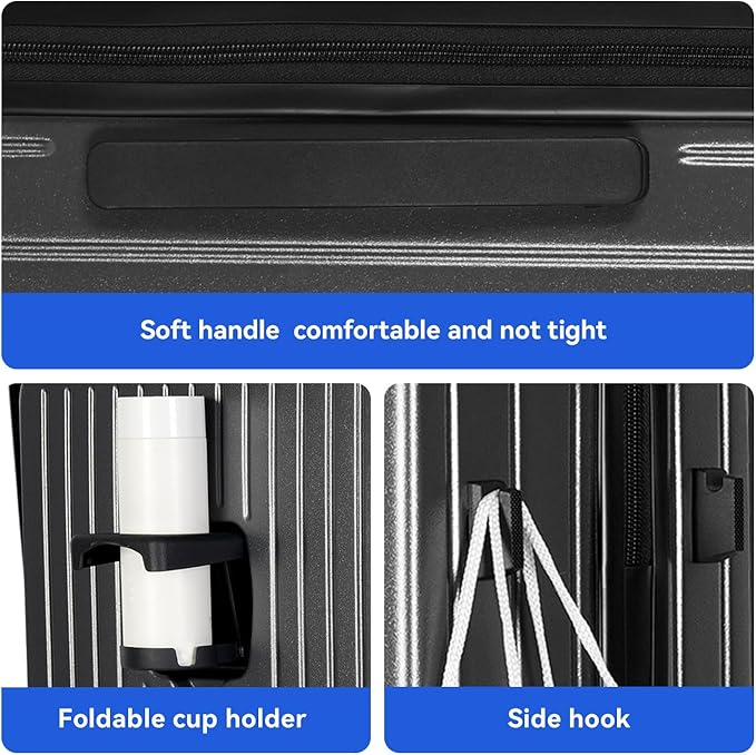 SOKOK Front Pocket Luggage Carry On with Spinner Wheels, Wide Handle Travel Suitcase PC Hardshell Durable Rolling Luggage for Business Trip with Charging Port and Cup Holder, Graphite