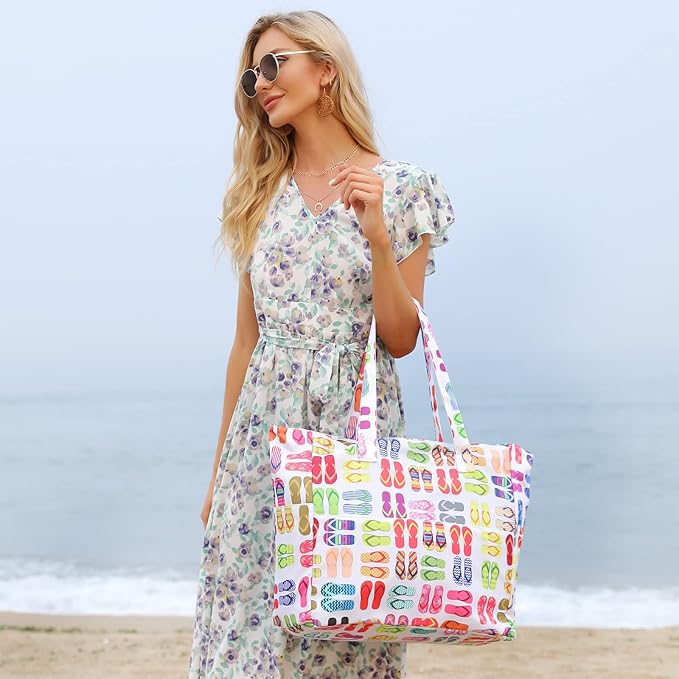 LEDAOU Large Beach Tote Bag Women Waterproof Sandproof Zipper Beach Tote Bag for Pool Gym Grocery Travel with Wet Pocket