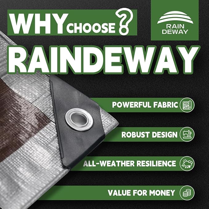 RAINDEWAY Tarps Heavy Duty Waterproof 10x10 Feet, 10Mil Multipurpose Poly Tarp Cover with Metal Grommets and Reinforced Edges, Silver/Brown Tarp