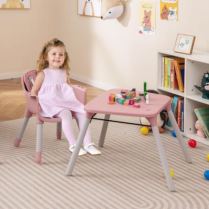HONEY JOY 5-in-1 High Chair, Convertible Highchair for Babies and Toddlers/Kids Chair Table Set/Infant Feeding Chair w/Safety Harness, PU Leather Cushion & Removable Food Tray (Pink)