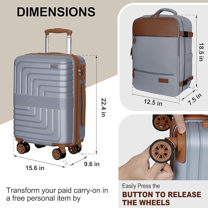 Romswi Luggage Sets 2 Piece 22In, Expandable 22x14x9 Carry On Luggage with Travel Backpack, PC+ABS Hardside Suitcase Set with TSA Lock, Durable Carry On Suitcase with Spinner Wheels Silver