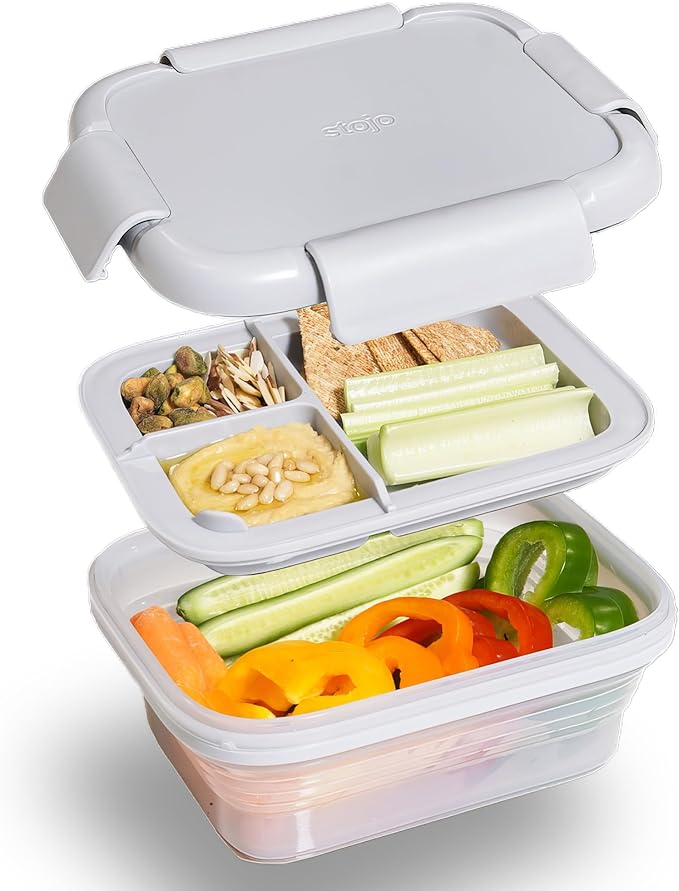 STOJO Collapsible Bento Box, Reusable, Leak-Proof, Microwave & Dishwasher Safe, Premium Lunch Container with Divider – Space-Saving, Transparent Design (Cashmere, 6-Cup/1.5L)