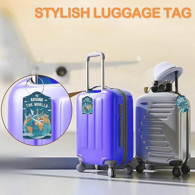 Around The World Travel Art 3 PCS Luggage Tags, Flight Map Leather Suitcase Tags with Privacy Cover Name Address Labels and Durable Steel Loop for Men/Women Travel Bag Suitcases