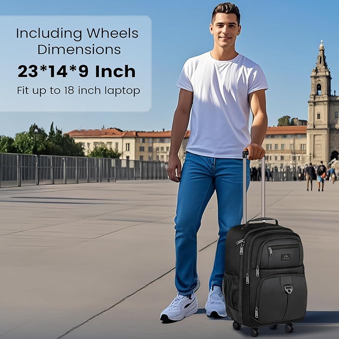 MATEIN Roller Backpack, 18 inch Large Travel Laptop Bag with 4 Wheels for Adults, Heavy Duty Wheeled Suitcase Luggage Pack for Work Business, Rolling Spinner Computer Rucksack for Men Women, Black