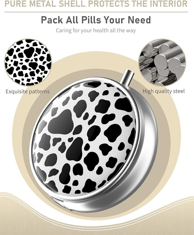 Pill Box, 3 Compartment Portable Travel Medicine Box with Mirror, Compact and Cute, Fits in Purse and Pocket, Medicine and Vitamin Organizer (Cow)