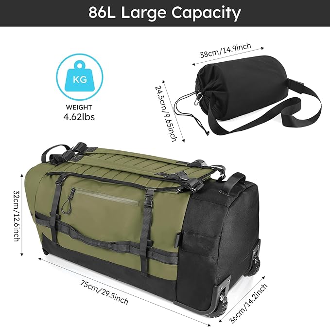 86L 30” Folding Duffle Backpack with 2 Wheels,Travel Bag with Separate Shoe Compartment,Army Green
