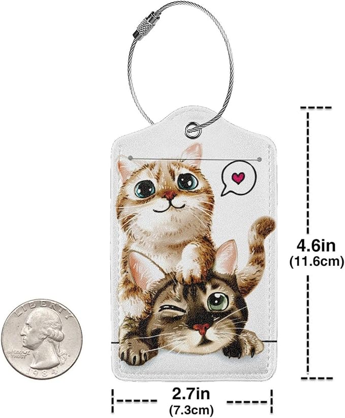 2 Pack Luggage Tags for suitcases Cute Funny cat Luggage Tag, Leather Stainless Steel Loop Label Tag for Men Women Travel Bag Suitcase（2 cat）