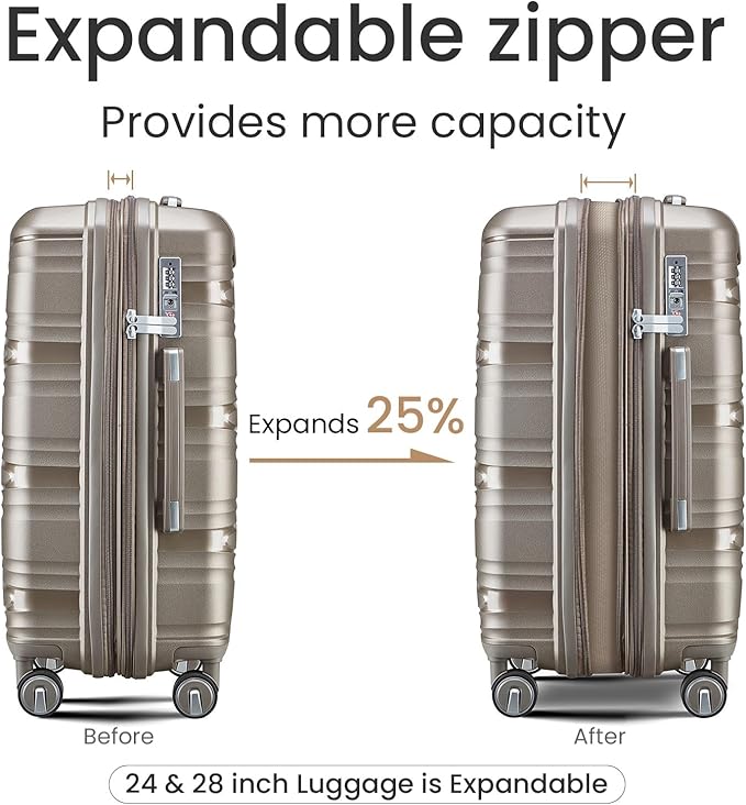 Campfun Luggage 4 Piece Sets, Expandable Carry On Luggage Set Hardshell PP, Suitcase Set with Double Spinner Wheels, Checked Durable Lightweight with TSA Lock, 14in 20in 24in 28in-Champagne(C)