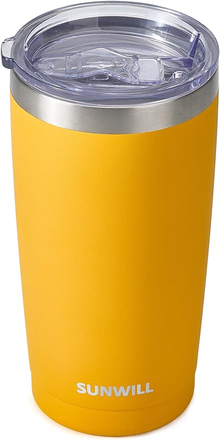 SUNWILL Travel Coffee Tumbler 20 oz, Insulated Mug with Lid, Stainless Steel Cup for Hot and Cold Drinks, Powder Coated Yellow