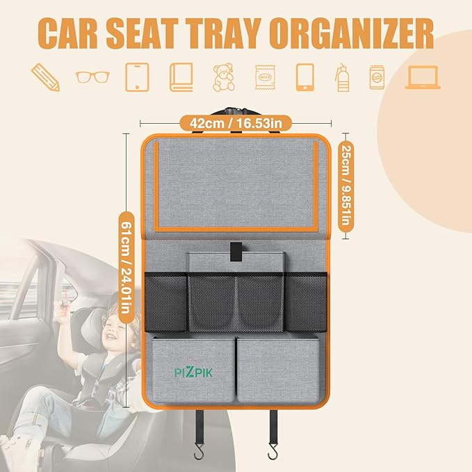 Car Backseat Organizer with Tablet Holder,11 Storage Pockets with Foldable Food Tray, Protector Kick Mats for Kids, Travel Accessories Organizer (Orange, 2Pack)