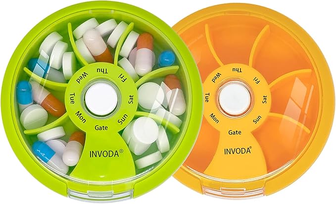 INVODA Weekly Pill Organizer 7 Compartment Rotating Pill Box for Daily Medication & Vitamins - Portable Travel Pill Case Fish Oil Supplements Vitamins Organizer (Green+Orange)