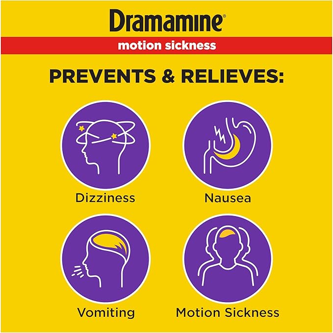 Dramamine Motion Sickness Less Drowsy, Chewables for Nausea Relief During Travel, Raspberry Cream Flavor, 12 Count