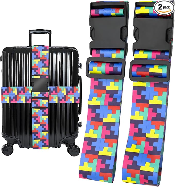 Puzzle Luggage Straps for Suitcases, Adjustable Luggage Travel Belt to Keep Luggage Security While Travel, Strong Polyester Fabric, Easy-to-Recognize Funny Pattern Travel Essentials, 2 Pack