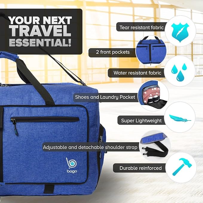 Bago Large Foldable Duffel Bags for Traveling Women & Men - 80L Packable Duffle Bag for Travel with Shoe Compartment - Water Repellant, Heavy Duty, Lightweight Folding & Collapsible (SnowDepBlue)