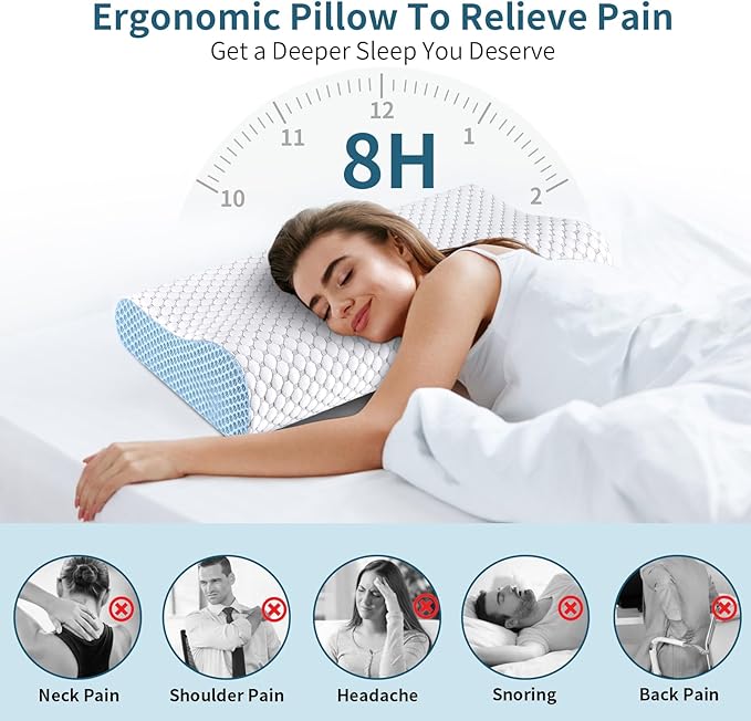 Cervical Neck Pillow for Pain Relief - Ergonomic Contour Memory Foam Pillows, Cooling Side Sleeper Pillow for Sleeping, Orthopedic Bed Pillow for Back Stomach Sleepers with Pillowcase