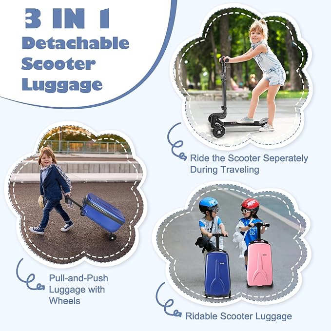iubest Scooter Luggage Carry On Scooter Suitcase for Kids Age 4-15, Detachable & Foldable 4 in 1 Kids Suitcase, Multifunctional Ride On Travel Trolley Scooter Combo-Blue