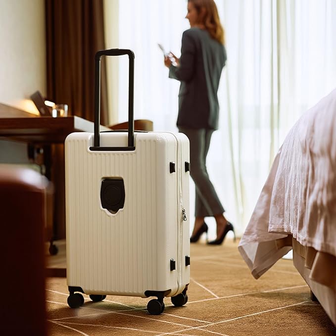 26 Inch Top Opening Checked Travel Luggage Expandable with Spinner Wheels,All PC Hard Shell Hardside Lightweight Medium Suitcase with TSA Approved Cup Holder for Business Trips Woman Men,White