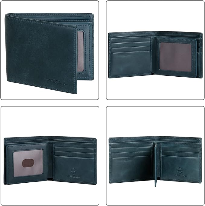 VISOUL Mens Bifold Leather RFID Blocking Wallet with 2 ID Windows, Soft Genuine Leather Card Holder Wallet with 2 Cash Compartments for Men (Dark Blue)
