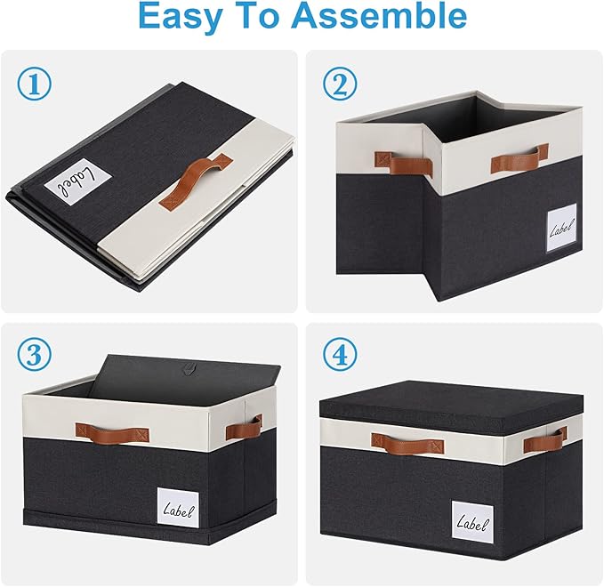 Extra Large Storage Bins with Lids, Foldable Fabric Storage Baskets with Lids, Sturdy Storage Boxes with Labels and 3 PU Handles for Closet Home Bedroom Office (32L, 3 Packs, Black&White)