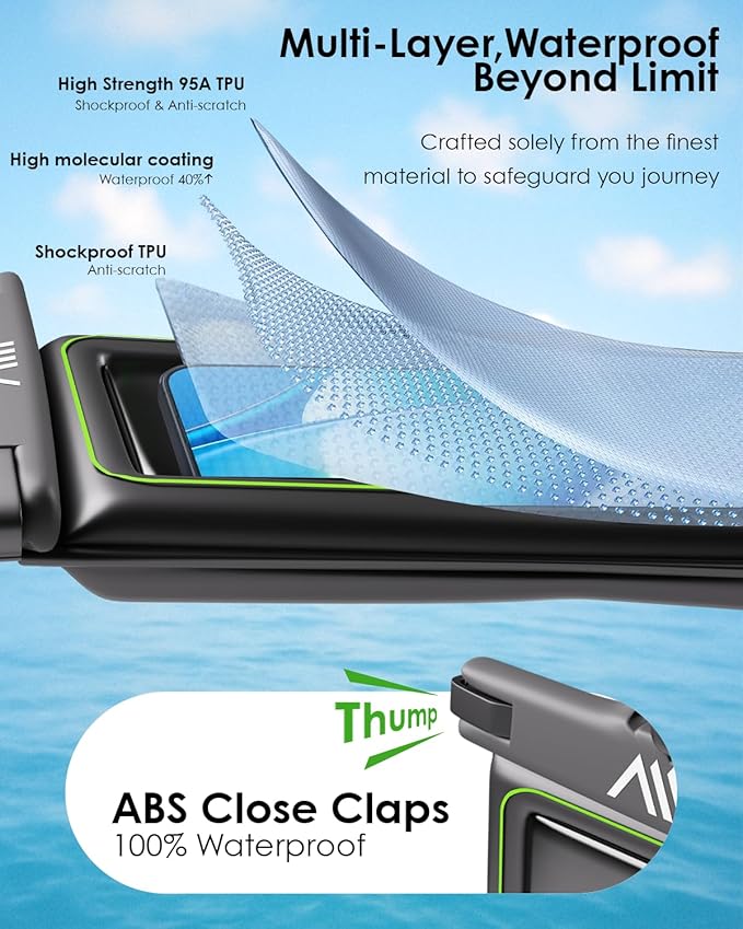 【2025 Upgraded】 1 Pack Black - IP68 Waterproof Phone Pouch Floating Design No Sink Waterproof Phone Case - Beach Pool Travel Essentials - Works w/All Phones - Detachable Lanyard - Black/Hi-Vis Green