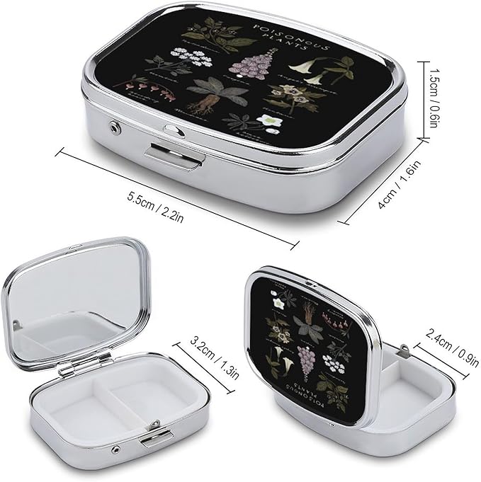Metal 2 Compartment Pill Organizer Travel Friendly Portable Compact Pill Box Cute Pill Case to Hold Vitamins,Fish Oil,Supplements,Meds,Tablet for Purse,Pocket. (Poisonous Plants)
