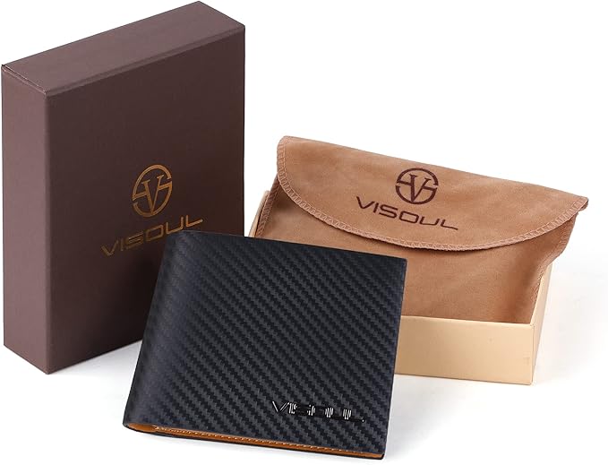 VISOUL Mens Carbon Fiber Leather Bifold Wallet with 2 ID Windows, RFID Blocking Stylish Wallet for Men with 2 Cash Compartments (Black+Yellow)