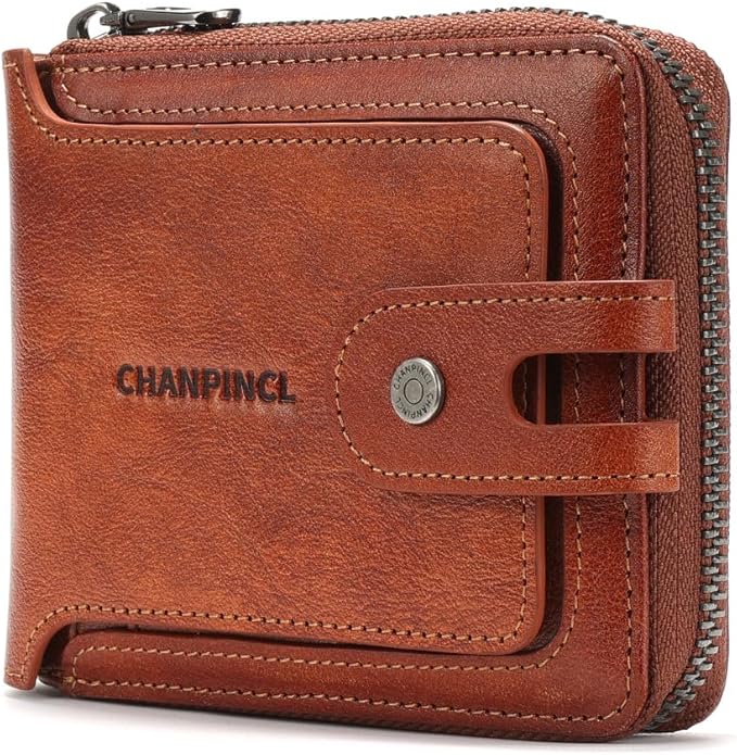 Men's brand buckle driver's license zipper genuine leather wallet, large capacity, multifunctional coin pocket (Yellowish brown)