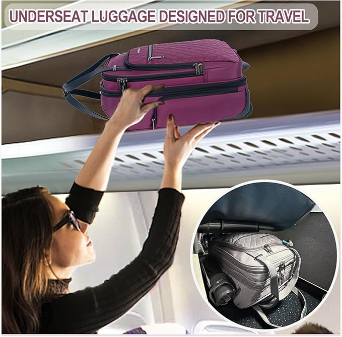 EMPSIGN Underseat Carry On Wheeled - 16" Carry on Bag with Wheels Multi-functional Lightweight Rolling Bag Overnight Weekender Small Suitcase for Women Men Travel Business, Burgundy