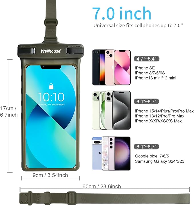 wellhouse Waterproof Phone Pouch, Waterproof Phone Case for iPhone 16 15 14 13 12 Pro Max XS Samsung, IPX8 3D Cellphone Dry Bag Beach Essentials (1 Pack - Olive7.0, 7 inch)