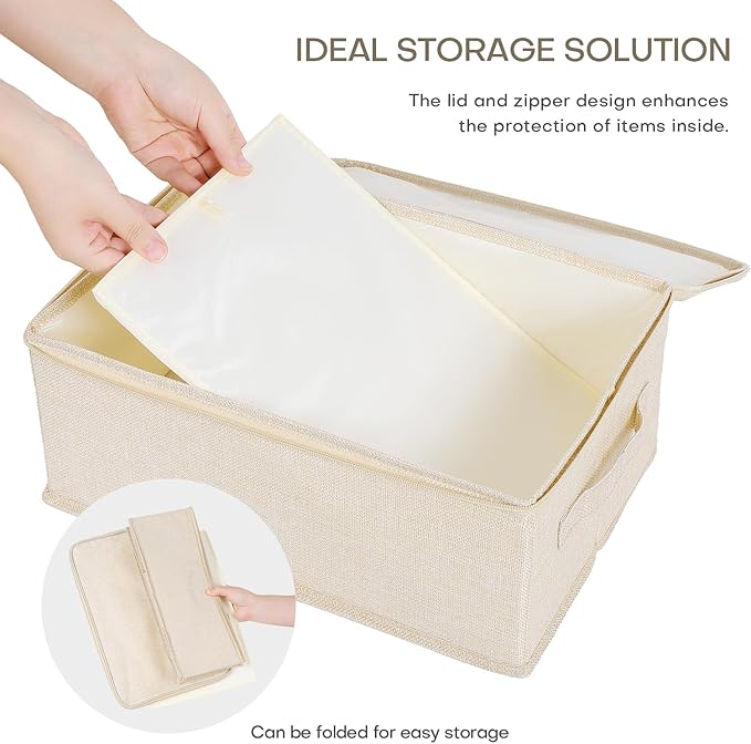ANMINY 2PCS Storage Bins with Zipper Lids 13 Qt Lidded Fabric Storage Boxes Baskets Cubes with Handles Collapsible Washable Cotton Linen Closet Shelf Clothes Organizer Containers - Beige, Small