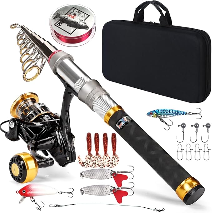 Fishing Rod Telescopic Carbon Fiber Rod Combo with Spinning Reel Portable Tackle Case Fishing Line Artificial Baits and Hooks for Travel Saltwater Freshwater Fishing