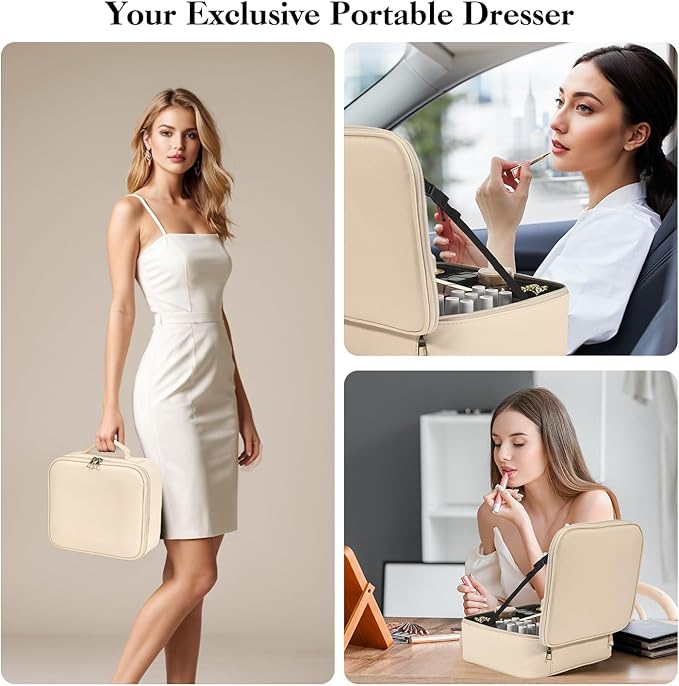 Travel Makeup Bag With LED Mirror,Makeup Travel Train Case with 3 Color Setting,Cosmetic Makeup Organizer Bag with Adjustable Dividers,Portable Make up Bag with Makeup Brush Holder Storage（Beige）