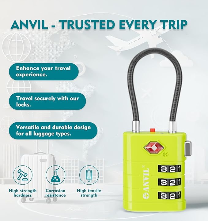 ANVIL TSA Approved Luggage Locks – High Security TSA008 Combination Travel Locks with Inspection Indicator for Suitcases and Backpacks. (3, Grass Green)