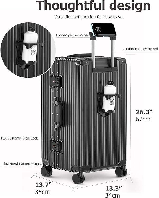 feilario 26in Super Large Captain Aluminum Frame Hardside Spinner Wheels Luggage, Zipperless Checked Suitcase with Cup Holder/Phone Holder