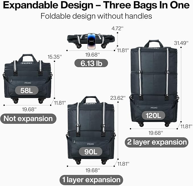mixi Travel Bag with Wheels Expandable Foldable Luggage Bag Collapsible Rolling Travel Bag Duffel Bag Large Capacity Suitcase for Men Women, Dark Gray