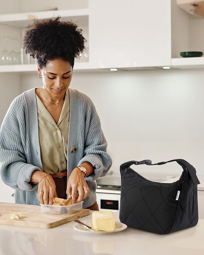 Insulated Lunch Bag for Women, Quilted Reusable Lunch Box with Adjustable Strap, Waterproof Cute Puffy Bento Tote, Stylish Cooler Bag for Work, Picnic or Travel, Black