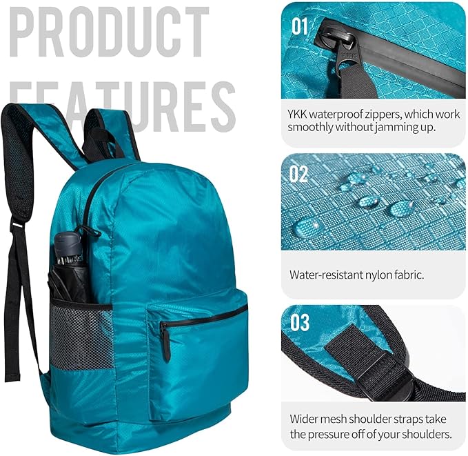 pack all 20L Lightweight Packable Backpack, Water Resistant Foldable Backpack, Travel Hiking Daypack with Waterproof Zippers (Blue)