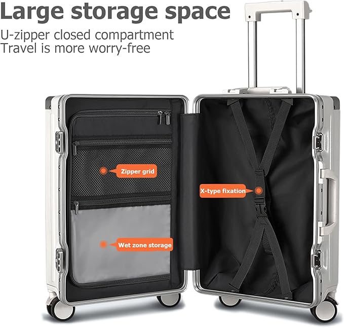 feilario 20in Aluminium Frame PC Hard Shell Spinner Wheels Luggage, Built-In TSA lock Carry on Suitcase, with Cup Holder, USB Port, Phone Holder ﻿
