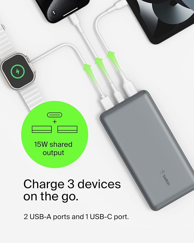 Belkin Portable Charger, USB C Power Bank 20000 mAh w/ 2 USB-A Ports, 15W w/A to C Cable for iPhone 16, 15, Samsung Galaxy S25, iPad, Nintendo Switch 2, Google Pixel 10, etc. - Gray