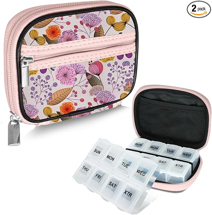 Serfeymi Weekly Travel Pill Organizer Pill Case for Purse with Removable 7 Day Pill Box, Fashionable Travel Medicine Organizer Pill Container for Medicine, Vitamin, Supplement - Bloom 03 + Pill Box