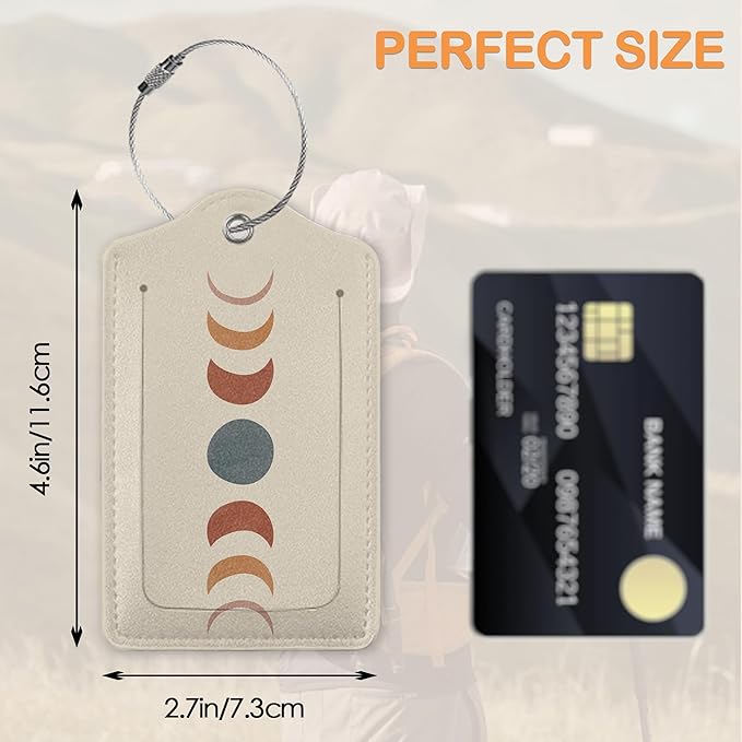 Minimalist Sunset PU Leather Luggage Tags for Suitcase, Modern Moon Travel Cruise 3 Pack with Privacy Flap, Name ID Label and Metal Loop for Women Men Girls Baggage Bag Backpack