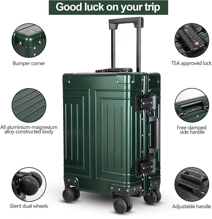 All Aluminum Carry On Luggage，Cut from Whole Aluminum Sheet，22x14x9 Airline Approved ，（3rd Generation，Premium Metal zipperless suitcase ） (green, 20inch)