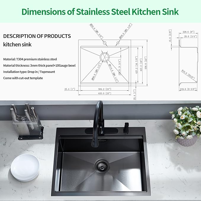 25 Kitchen Sink Drop-In Workstation, 25 x 22 Inch Gunmetal Black Stainless Steel Workstation Sink Topmount Single Bowl with Cutting Board,for Kitchen, Laundry, Utility Room