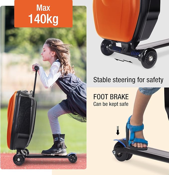 20" Scooter Suitcase for Kids, 2-in-1 Ride On Luggage with Wheels for Boys & Girls Ages 4-15, Foldable Hardshell Carry On Lightweight Travel Suitcase for Airplane (No LED, Orange)
