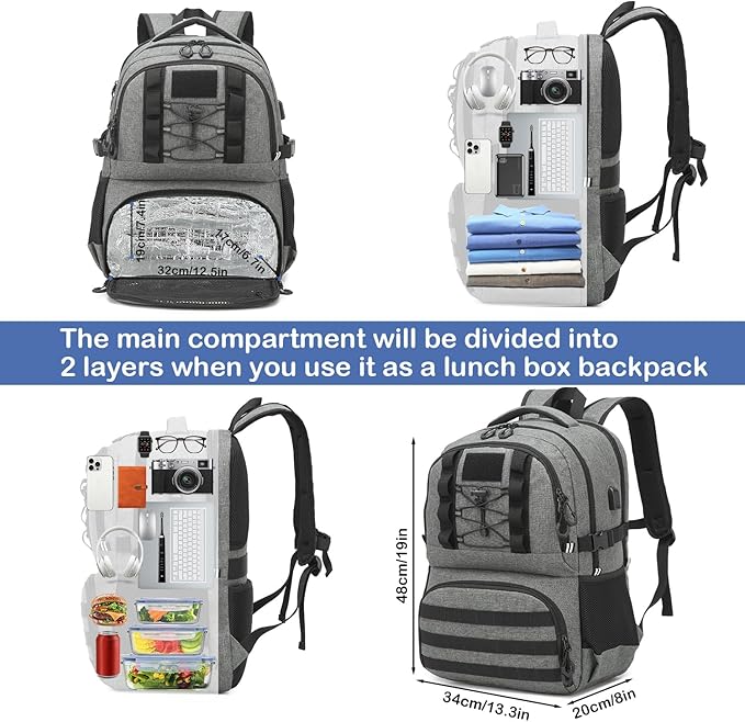 Laptop Lunch Backpack for Men - 40L Large Capacity Work Backpack with Lunch Compartment and USB Post, RFID Insulated Cooler Backpack for Work, Travel, Picnic, Black+Gray